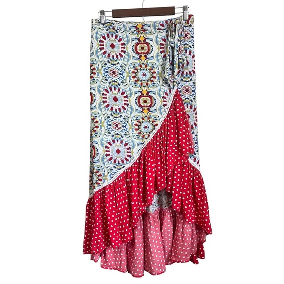 Solitaire Asymmetrical High Low Maxi Skirt Red & White Polka Dot Size Medium - Picture 1 of 7